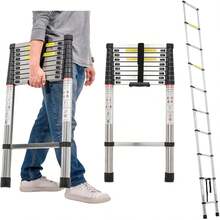 Escalera telescópica recta de aluminio, 3,8 metros de altura con 10 peldaños, capacidad de carga de 150 kg, diseño retráctil y plegable, compacta y portátil, con sistema de bloqueo de escalones. - Normal - Ver 1