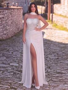 Faeriesty Women's Strapless Pearl Decorated Evening Dress, Pearl Decor On Top, Ruffle Design Wedding Party White Fall - White - View 5