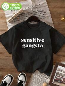 大尺碼女款黑色圓領短袖「Sensitive 」圖案T恤，標準版型高彈力面料上衣，休閒夏季風格 - 黑色 - 查看 4
