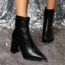 女款修身黑色抓皺彈性踝靴，金屬尖頭粗高跟後拉鍊辦公室夜店踝靴 - 黑色 - 查看 8