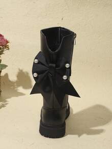 1 Pair Black Girls' Sweet Straight-Leg High-Top Leather Boots, Shiny Soft PU Material + Side Satin Pearl Bow Decor, Back Zipper Non-Slip Gear Thick Sole Design, Gentle Princess Style, Suitable For Daily Casual, School, Party, Performance, Travel, Vacation, Autumn/Winter New 2026 - Black - View 2