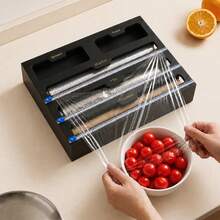 Foil And Cling Film Dispenser And Cutter, Bamboo Kitchen Wrap Organiser - Black - View 4