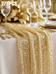 Gold Sequin Table Runner & Tablecloth Set - Shiny Gold Wedding, Banquet, Party Decor - Square Tablecloth With Tassel Edge (Fabric) Suitable For Centerpiece, Dining Table, Special Events - Multicolor - View 1