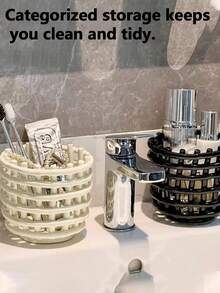 1pc Woven Pattern Desktop Storage Box Hollow Portable Resin Storage Cylinder Comb Holder Makeup Organizer Handwoven Storage Basket Storage Bin Plastic Storage Box Hollow Ventilated Dust-Free Stationery/Jewelry Organizer Box Bathroom Toiletries Storage Box Can Store Used Towels, Toothbrushes, Cosmetics, Toothpaste, Bathroom Accessories - A - View 4