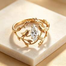 Anillo Creativo de Rama Ancha & Pájaro, Chapado en Oro de 18K, Anillo de Estilo Pastoral para Mujer, Joyería de Fiesta Nocturna con Circonita en Forma de Pera - Dorado - Ver 3
