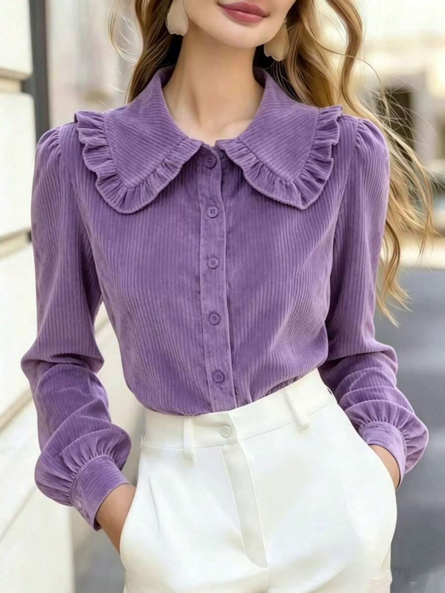 Women's Autumn/Winter Corduroy Solid Color Lace Collar Casual Shirt - Mauve Purple - View 1