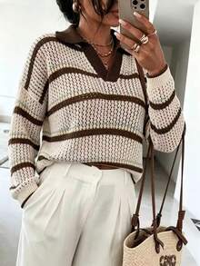 Women's Bohemian Style Striped Hollow Knit Pullover Sweater, Long Sleeve, V-Neck, Lapel, Suitable For Autumn/Winter - Khaki - View 1