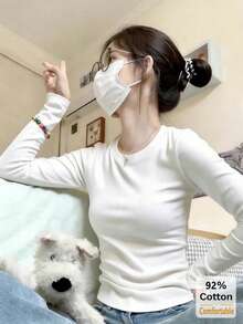 秋季純棉長袖T恤，女款百搭白色上衣，修身素色內搭打底衫 - 白色 - 查看 2
