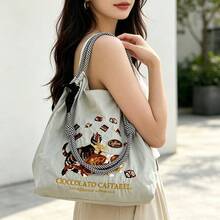 1件新款刺繡咖啡貓圖案輕量尼龍大容量購物袋托特手提包，女款派對旅行單肩斜跨包 - 彩色 - 查看 17