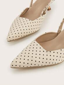 Women's Polka Dot Kitten Heel Shoes, Elegant Pointed Toe High Heels, Fashion Ankle Strap Open Back High Heels (Random Cut) - Apricot - View 5