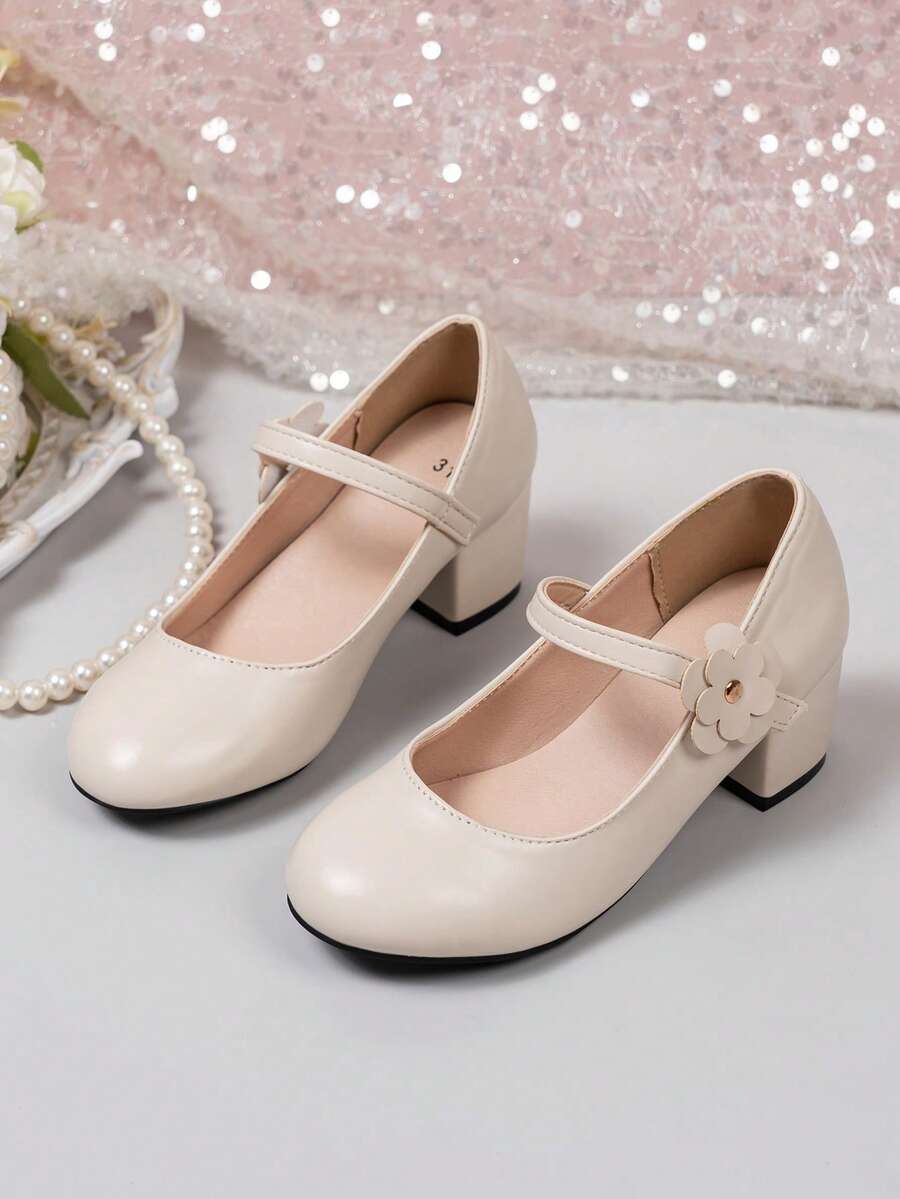 1 Pair Girls' Cream Floral Mary Jane High Heels, Soft PU Material, Round Toe Buckle Design, Anti-Slip Chunky Heel, Elegant Princess Style, Suitable For Girls' Parties, Performances And Daily Wear - Beige - View 1