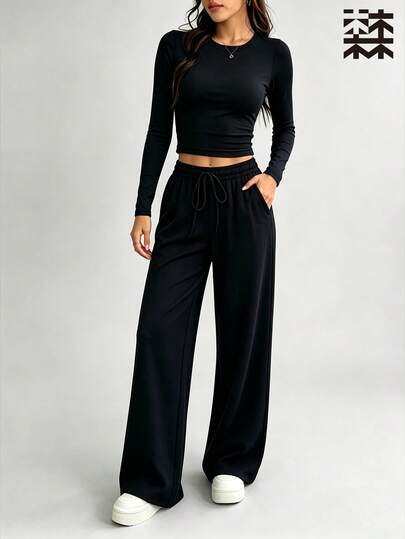 mulinsen Women Solid Round Neck Long Sleeve Crop Top Elastic Drawstring Waist Straight Leg Pants 2 Piece Activewear Set Casual Workout Tracksuit