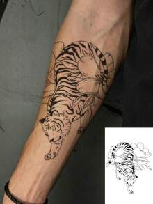 1 PC Men's Black Line Art Tiger & Peony Temporary Tattoo Stickers, Oriental Walking Wild Tiger Floral Large Waterproof Body Stickers For Arm Chest Rib Back Shoulder Decor - Black - View 1