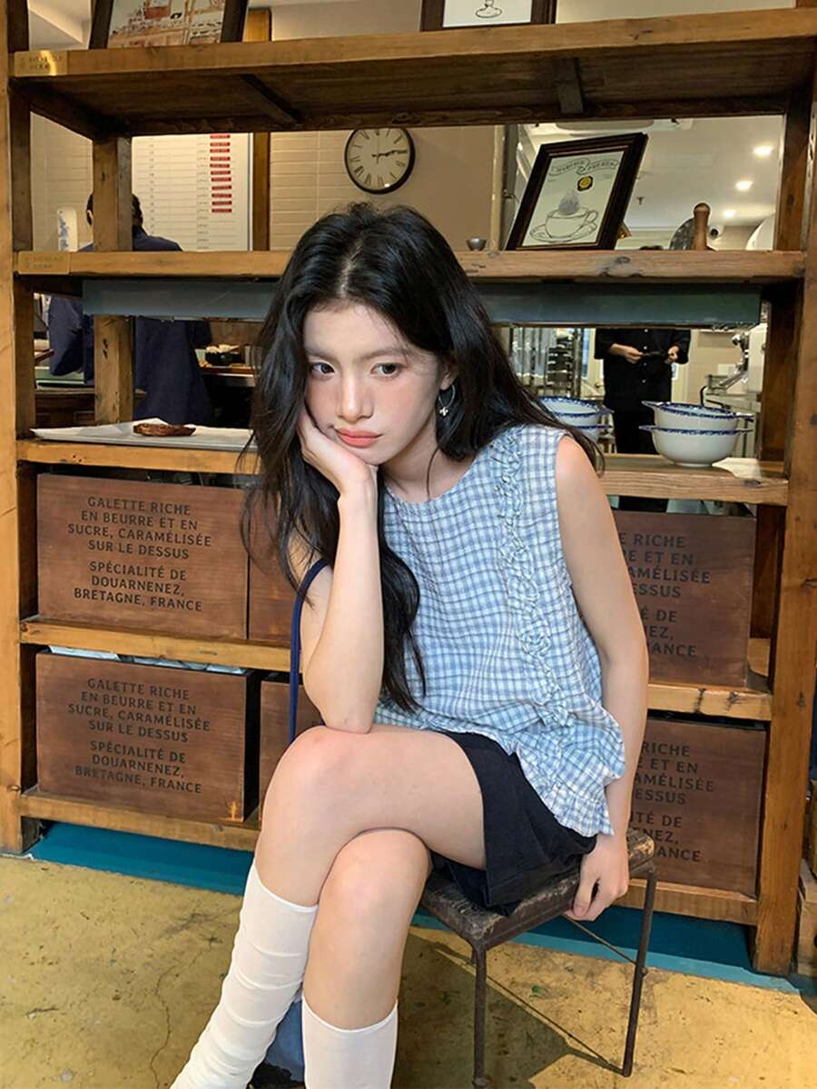 韓式復古設計荷葉邊無袖背心上衣 女款 時尚格紋亞麻上衣 夏季休閒穿搭 - 藍色 - 查看 1