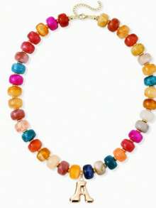1 pieza Collar de cuentas de resina de colores con colgante de letra de color dopamina, collar de acrílico - Multicolor - Ver 4