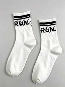 1 Pair White Mid-Calf Socks, Red SPORT Letter & Blue Stripe Design, 2026 FIFA World Cup Theme Print, Casual Street Style Sports Socks - Multicolor - View 2