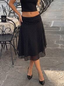 Elegante falda de malla con estampado de lunares negros para mujeres, doble capa, plisada, con dobladillo asimétrico, cremallera oculta, para playa, vacaciones, rave y festival - Negro - Ver 11