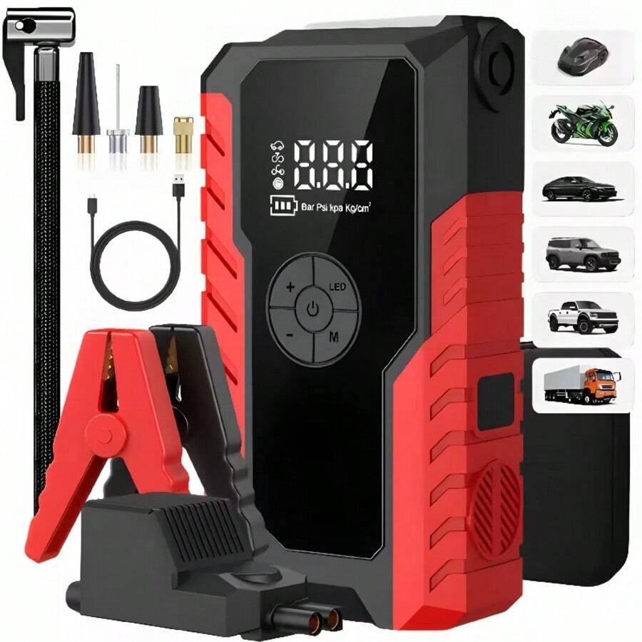 Portable Jump Starter With Air Compressor, 150PSI Car Battery Jump Starter Battery Pack For All Gas Engines , Portable Tire Inflator, Power Bank, LED Emergency Light