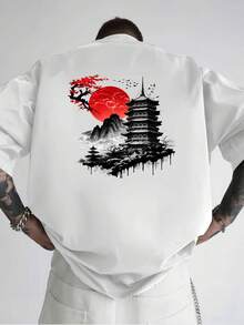 [Comfortable|Loose] Comfortable Loose Japanese Style T-Shirt | Red Sun Landscape Tower Pattern | Traditional Architecture Cherry Blossom Mountain View - 白色 - 查看 3