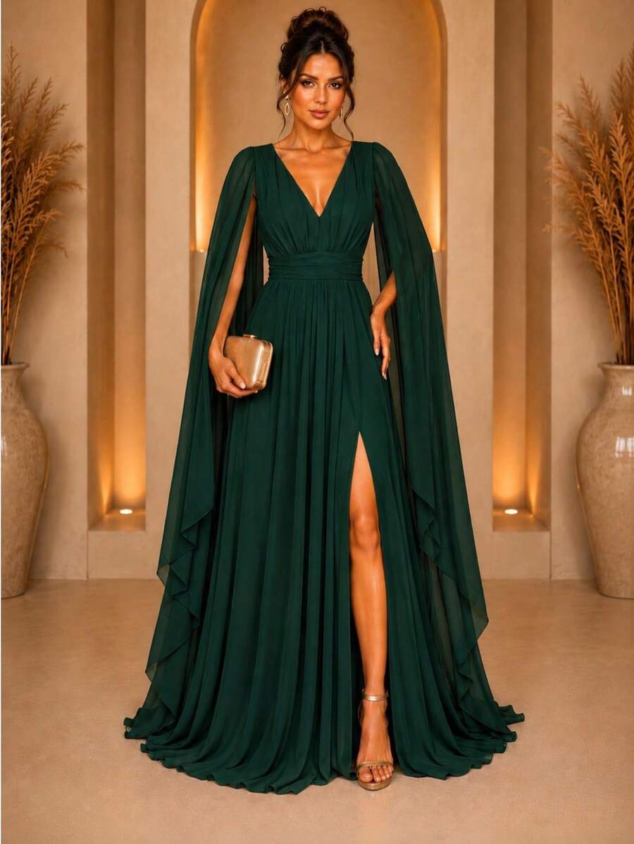 Long Bridesmaid Dress With Cape Sleeves For Party Guests, Terracotta, Marsala, Fuchsia, Emerald, Mint Green, Serenity Or Navy Blue - 軍綠色 - 查看 1