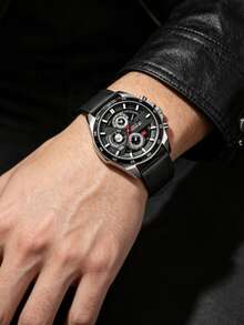 1pc Quartz Wristwatch With Leather Strap - Black - View 11