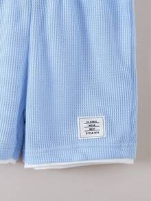 Pakaian Olahraga Kasual Anak Laki-Laki Musim Panas dengan Motif Patchwork Kain Waffle dan Warna Kontras - Blue and White - View 7