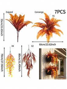 7件組人造秋季蕨類植物套組－55cm可延伸/60cm可折疊波士頓蕨束與70cm/80cm懸掛仿真植物，適用於秋季居家、門廊、萬聖節戶外牆面裝飾 - 秋色組合 - 查看 3
