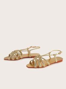 Gold Handmade Woven Strap Fashion Women's Flat Sandals, Random Woven Pattern - Gold - View 2