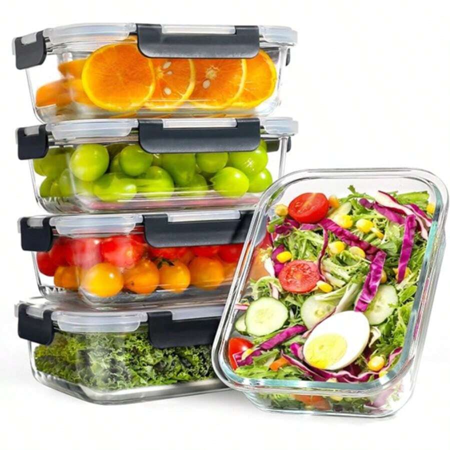 5 Pack 1040ml Airtight Glass Food Storage Containers With Lids, Thick Durable Stackable Meal Prep Glass Boxes, Leakproof Food Containers For Microwave Oven Freezer Dishwasher, Kitchen Pantry Organizer