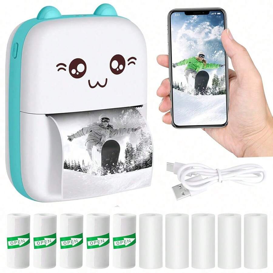 PRINHSJI Máy in nhiệt mini không dây 200Dpi, sạc USB, máy in nhãn dán không mực cầm tay kèm 10 cuộn giấy in nhiệt, dùng cho ảnh, ghi chú, quà tặng, hóa đơn, danh sách và nhật ký DIY - dùng cho gia đình và văn phòng