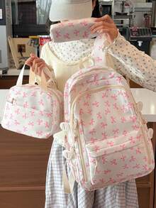 Mochila versátil de moda para mujer con lazo y doble espalda, bolso combinado para estudiantes - Blanco - Ver 10