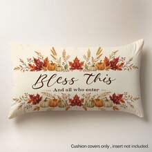 1 pieza Funda de almohada con patrón de texto "Bendice esto y a todos los que entren" con calabaza de otoño y hoja de arce, material de terciopelo de piel de durazno amigable con la piel, impresión de un solo lado 30*50/40*60cm, adecuada para sala de estar, dormitorio, sofá, decoración del hogar, funda de cojín, regalo festivo, sin relleno de almohada - Multicolor - Ver 7