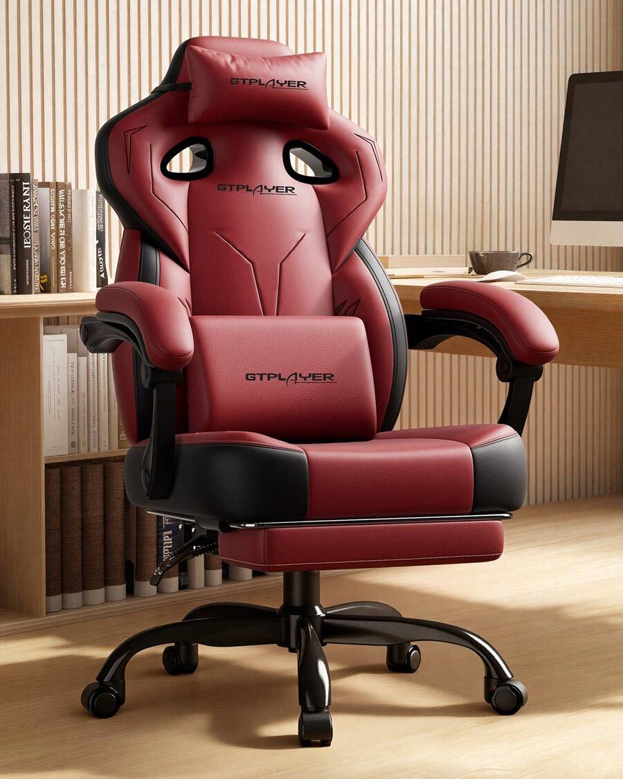 Fabric Gaming Chair With Footrest, Ergonomic Computer Desk Chair With Pocket Spring Cushion Home Office High Back Support Lumbar Support Heavy Duty Wide - Red - View 1