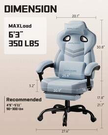 Fabric Gaming Chair With Footrest, Ergonomic Computer Desk Chair With Pocket Spring Cushion Home Office High Back Support Lumbar Support Heavy Duty Wide - Blue - View 4