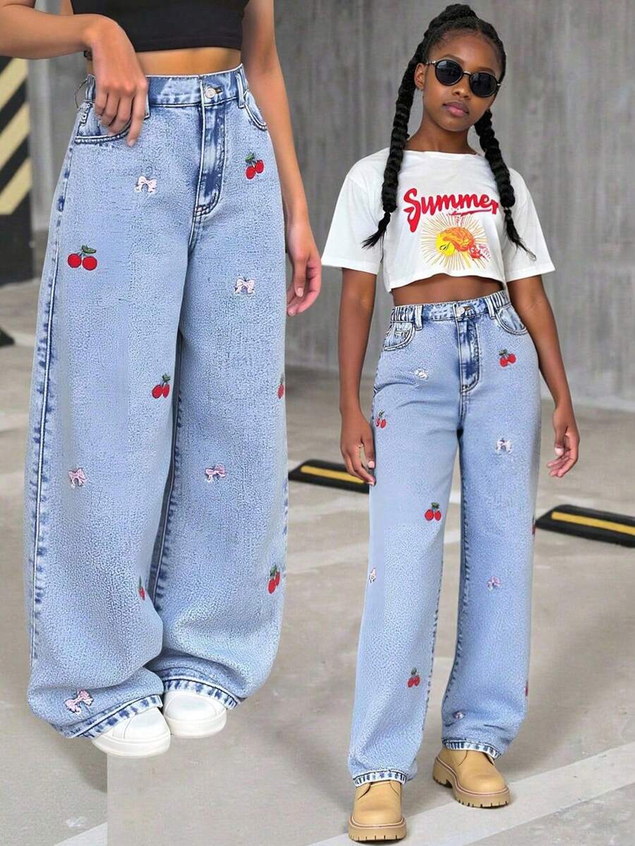 Tween Girls Y2K Casual Basic Loose Blue Jeans - Blue - View 1
