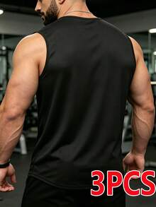 3件組男士夏季無袖休閒運動快乾背心 - 彩色 - 查看 5
