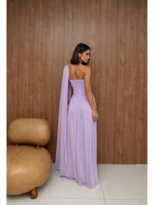 Long, One-Shoulder Party Dress In Dark Nude, Flowing Style, For Bridesmaids/Dates/Graduations/Guests. - Lilac Purple - View 3