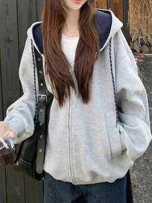 Sweatshirt Lengan Panjang Longgar dengan Resleting untuk Wanita, Jaket Sweatshirt Berkerudung dengan Desain Colorblock Kasual dan Serbaguna - Grey - View 1