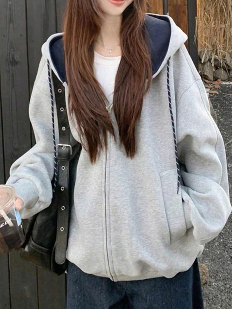 Sweatshirt Lengan Panjang Longgar dengan Resleting untuk Wanita, Jaket Sweatshirt Berkerudung dengan Desain Colorblock Kasual dan Serbaguna - Grey - View 1