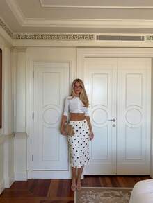 Polka Dot Print Dogtooth Frill Trim Double Layer Mesh Skirt, Fashion Casual Versatile - Apricot - View 3