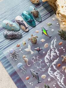 5D 浮雕美甲貼紙 3D 立體海豚、海龜、章魚、海馬、水母、貝殼波浪圖案 自黏式美甲貼片 防水透明水下美甲裝飾 適合夏季秋季 DIY 美甲美甲沙龍配件 1片 - 墨綠色 - View 3