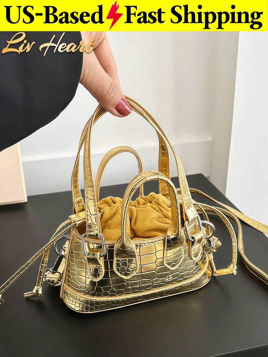 Niche Design Mini Bags, New Minimalist Handbags, Casual Commuter Crossbody Bags For Women, Textured Bags, Crocodile-Patterned Versatile Shoulder Bags - 金色 - 查看 1