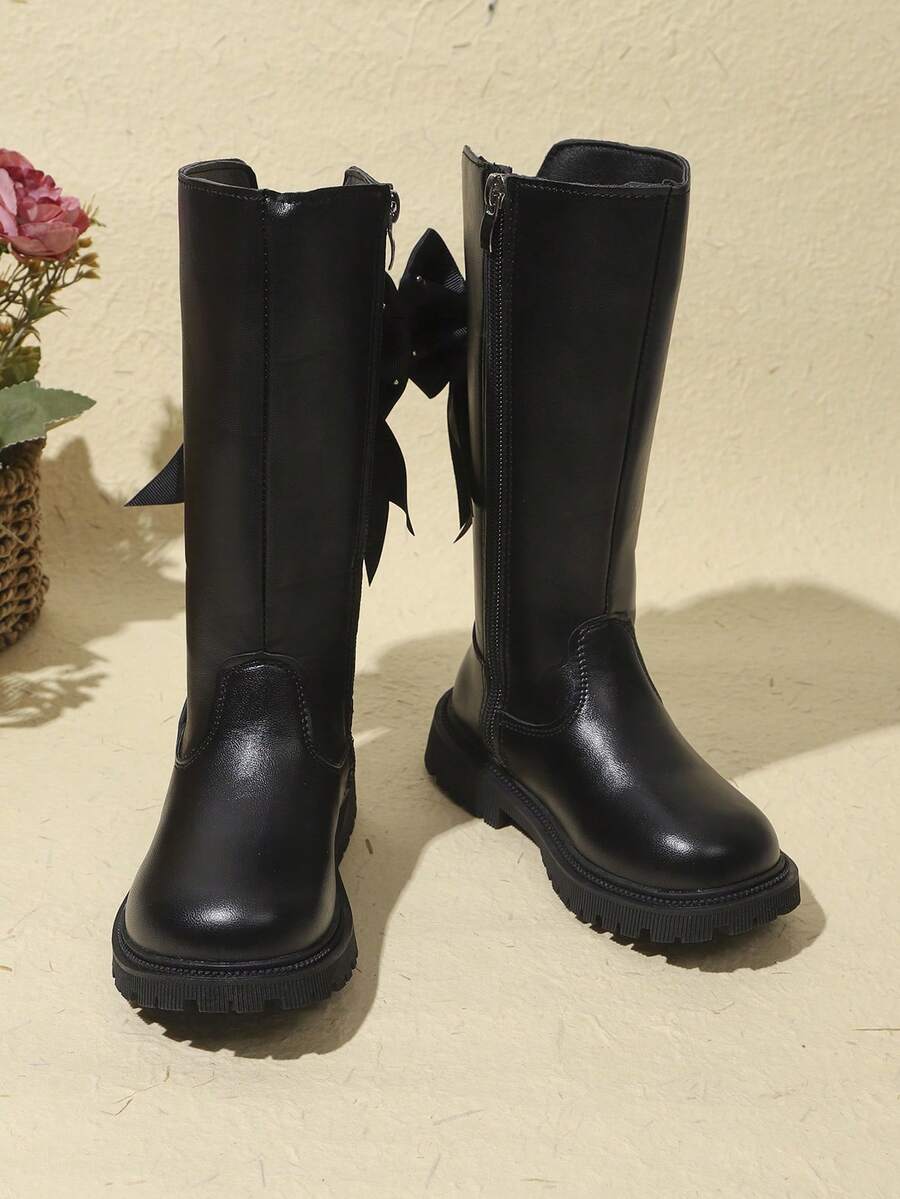 1 Pair Black Girls' Sweet Straight-Leg High-Top Leather Boots, Shiny Soft PU Material + Side Satin Pearl Bow Decor, Back Zipper Non-Slip Gear Thick Sole Design, Gentle Princess Style, Suitable For Daily Casual, School, Party, Performance, Travel, Vacation, Autumn/Winter New 2026 - Black - View 1