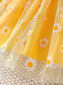 Baby Girl Pastoral Sunflower & Daisy Theme 2-Piece Set, Fresh Yellow Ribbed Ruffle Top With Daisy Print Mesh Tutu Dress + Matching Bow Hair Accessory - Yellow - View 7
