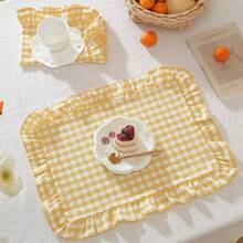 1/2/4pcs Korean Style Plaid Sweet Ruffle Edge Cute Princess Style Candy Color Plaid Food Plate Heat-Insulating Background Mat Napkin, Nordic Country Style Blue Plaid Table Mat Napkin - Multicolor - View 5