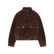 Jaket Varsity Wanita Bahan Suede dengan Kerah Tegak, Lengan Panjang, Resleting, dan Saku, Sempurna untuk Gaya Musim Gugur - Coffee Brown - View 3