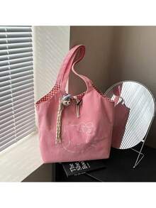 SANRIO Hello Kitty Pink Corduroy Tote Bag With Embroidery & Red Gingham Lining, Secure Toggle Closure. Roomy For Books, Wallet & Daily Essentials, Soft Durable Fabric. Plush Charm Not Included, Ideal For School, Work, Shopping & Gifting.,Back To School - Baby Pink - View 9