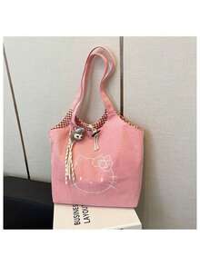 SANRIO Hello Kitty Pink Corduroy Tote Bag With Embroidery & Red Gingham Lining, Secure Toggle Closure. Roomy For Books, Wallet & Daily Essentials, Soft Durable Fabric. Plush Charm Not Included, Ideal For School, Work, Shopping & Gifting.,Back To School - Baby Pink - View 10