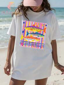 Women's Loose Fit"Leopard Zebra Pattern Fish"Printing T Shirt,Bohemian Lakeside Fishing Summer Aesthetics,Autumn Outfits,Suitable For Concerts,Vacatio - 白色 4 - 查看 3