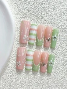 10片清新風手工穿戴甲，Polygel美甲套組，線條藝術與手繪花卉，綠色、粉色、白色指甲油，極簡風格，含美甲工具，3種尺寸可選，杏仁形、鴨嘴形、棺材形，適合派對、跳舞、日常配戴 - 彩色 - 查看 16